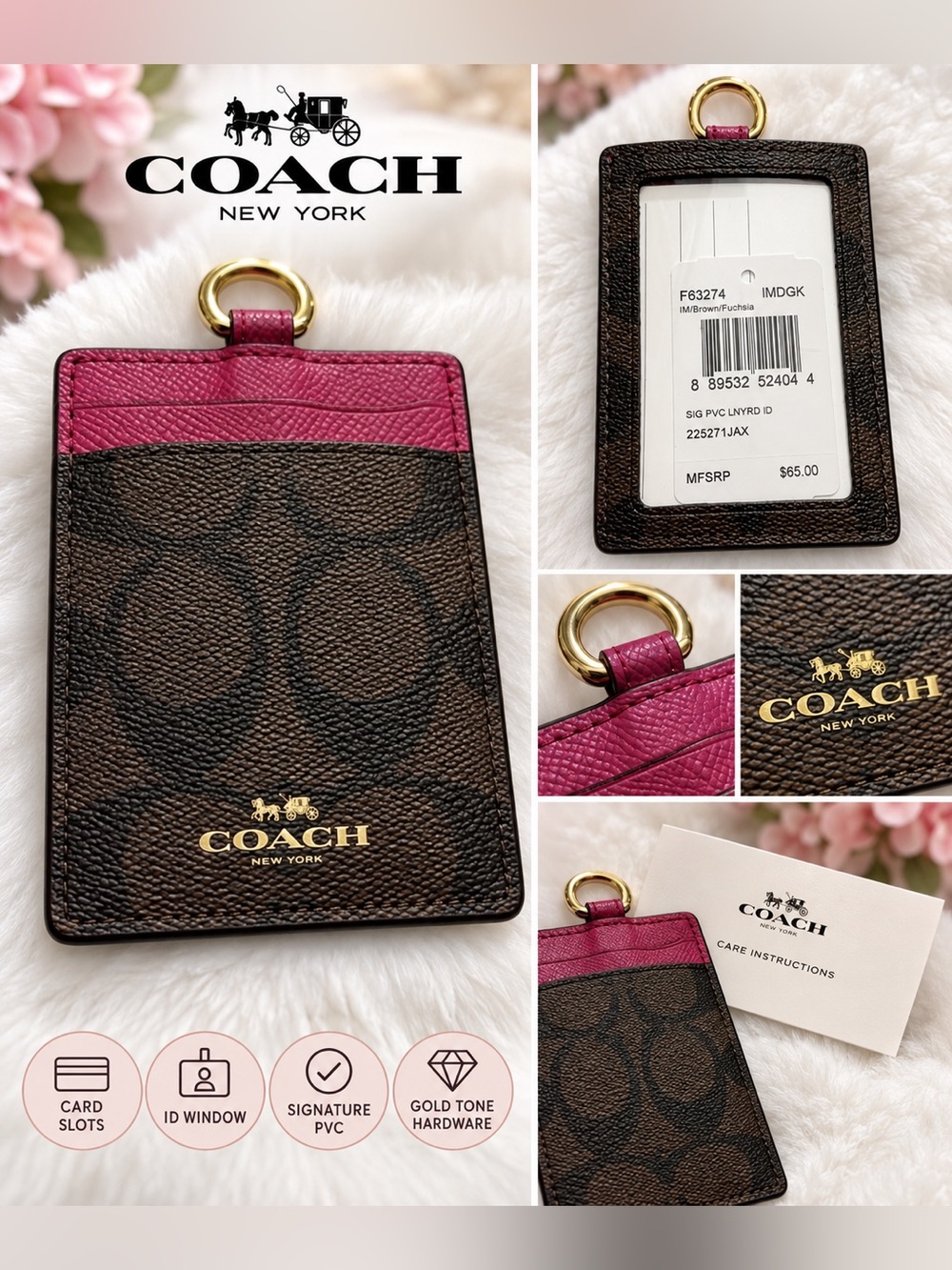 Coach Brown Signature PVC Card Holder with Fuchsia Trim & Gold Hardware $65